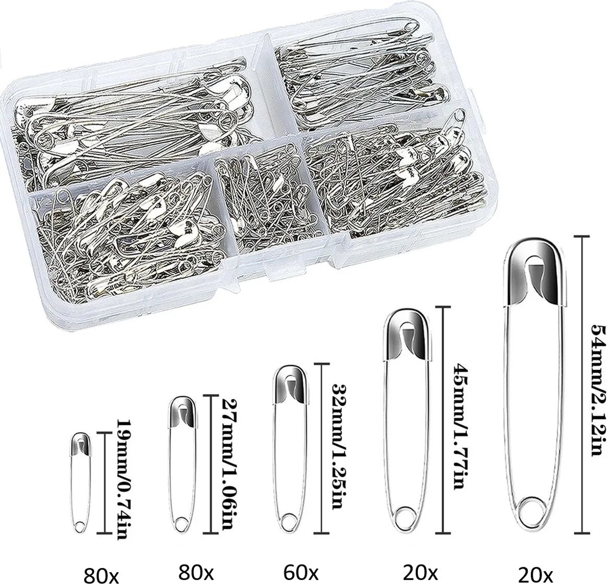 Veiligheidsspelden Set 260-delig | 5 Maten | Naaibenodigdheden & Hobby | Met Opbergdoos